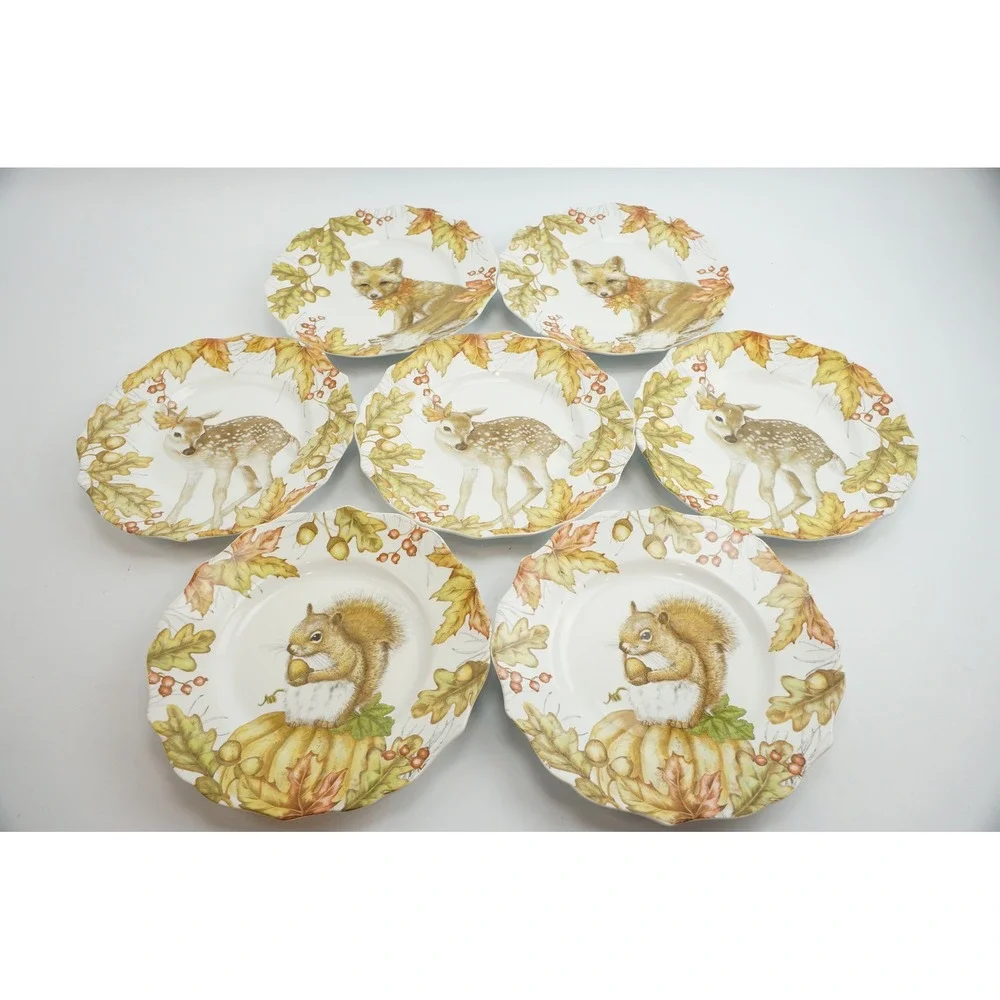 Pier 1 Mazey Critters Salad Plate Set 7 Fox Deer Squirrel Autumn Excellent